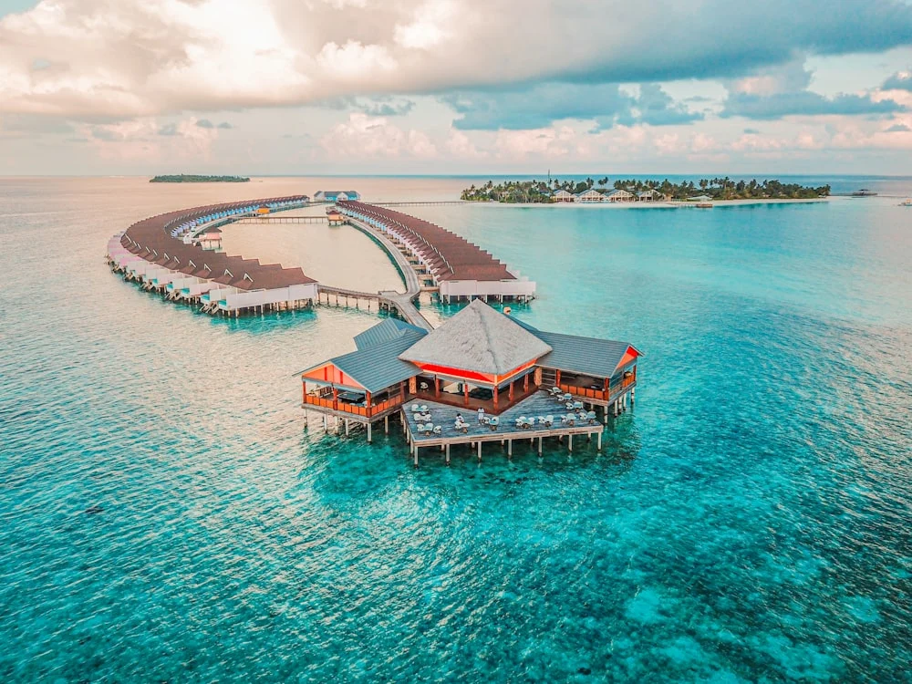 Aerial view of the Mauritius coastline with turquoise lagoons